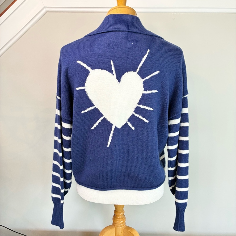 Kerri Rosenthal Womens Radiant Heart Polo Sweater Blue White Striped NWT Size XS